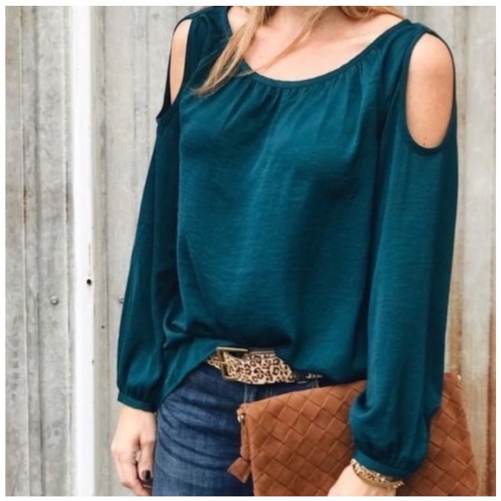 CAbi Teal Cold Shoulder Blouse